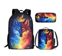 CLOHOMIN Backpack and Lunchbox for Kids Boy Girl Elementary School Bookbag and Lunch Lunch Bag and Pencil Case Set of 3, Fire Wolf