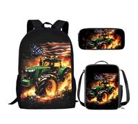 CLOHOMIN Backpack and Lunchbox for Kids Boy Girl Elementary School Bookbag and Lunch Lunch Bag and Pencil Case Set of 3, Fire Tractor American Flag