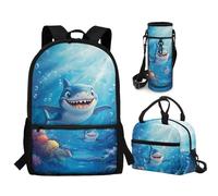 CLOHOMIN Cute Shark Bookbag with Lunch Bag for Kids 3rd Grade Boys Girls Backpack and Lunch Box Set of 3 Primary/High School Book Bag + Thermal Lunchbox + Water Bottle Holder with Strap, Blue