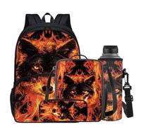 CLOHOMIN Fire Wolf Backpack and Lunch Box Age 8-9, Kids Bookabg for Boys Girls 5th Grade Middle School Book Bags Set of 4 Kids Lunch Bag Pencil Box Water Bottle Bag Student Schoolbag