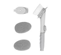 Cloimei Press Type Liquid Soap Dispenser Dish Washing Brush with Scraper Automatic Sponge Brush for Kitchen Bathroom ABS Nylon Transparent Gray 24cm 151g