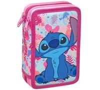 Clondo 3D Pencil Case 3 Compartments Children, Triple Filled, 44 Elementary School Accessories, 3 Zips, 20 cm, Rule, Crayons, Markers, Stitch Pink V25, Pen holder