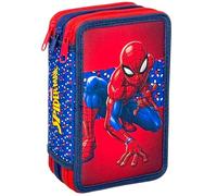Clondo 3D Pencil Case 3 Compartments Children, Triple Filled, 44 Elementary School Accessories, 3 Zips, 20 cm, Rule, Crayons, Markers, Spiderman V25, Pen holder