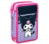 Clondo 3D Pencil Case 3 Compartments Children, Triple Filled, 44 Elementary School Accessories, 3 Zips, 20 cm, Rule, Crayons, Markers, Kuromi V25, Pen holder