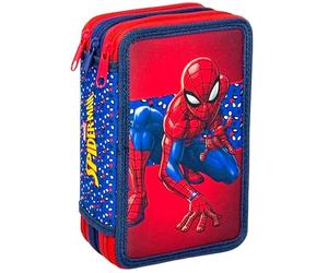 Clondo 3D Pencil Case 3 Compartments Children, Triple Filled, 44 Elementary School Accessories, 3 Zips, 20 cm, Rule, Crayons, Markers, Spiderman V25, Piccolo-Mediano, Pen holder