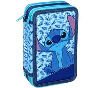 Clondo Triple Filled Pencil Case for Kids, Boys and Girls, 44 School Utensils, 3 Zippers, Colouring Pencils, Felt Tip Pens, Scissors, Stitch V25, pen holder