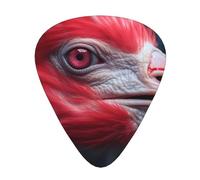 Close-up flamingo printed guitar picks, 12-piece set with thin, medium, and thick styles, comes with a storage case