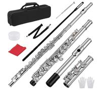 Closed Hole 16 Keys Flute, Flute for Beginner, Closed Hole Flute Instrument with Case, Stand, Gloves, Cleaning Kit & Tuning Rod | Silver/Nickel Student Flute for Kids & Adults, Complete Starter Set