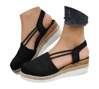 Closed Sandals Women's Wedge Heel - Platform Espadrilles Wedge Sandals with Arch Support Straw Sandals Summer Slip-On Shoes Casual Shoes with Elastic Ankle Strap Beach Sandals, black, 8.5 UK