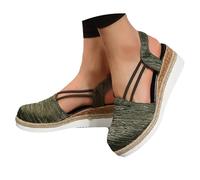 Closed Sandals Women's Wedge Heel - Platform Espadrilles Wedge Sandals with Arch Support Straw Sandals Summer Slip-On Shoes Casual Shoes with Elastic Ankle Strap Beach Sandals, Green, 8.5 UK
