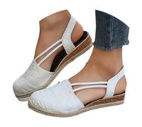 Closed Sandals Women's Wedge Heel - Platform Espadrilles Wedge Sandals with Arch Support Straw Sandals Summer Slip-On Shoes Casual Shoes with Elastic Ankle Strap Beach Sandals, White, 8.5 UK
