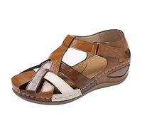Closed Toe Hollow Wedge Sandals, Soft PU Leather Closed Toe Vintage Anti-Slip Sandals Closed Toe Sandals for Women Wide fit,Brown,42