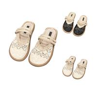 Closed Toe Mules For Women Lightweight, Linen Lightweight Flat Sliders For Women Flax Lace Casual Flat Slippers Slip On Wide Fit Sliders for Outdoor, Holiday, Leisure & Everyday Life