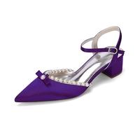 Closed Toe Pearl Block Heels for Women Satin Wedding Shoes for Bride Ankle Strap Low Heel Slingback Dress Shoes for Evening Party,Dark Purple,5 UK