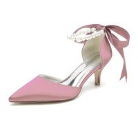 Closed Toe Pearl Kitten Heels Satin Wedding Shoes for Bride, Low Heels with Bow Bridal Heels for Women, Prom Evening Party Dress Shoes Pumps, Women's Sandals, Formal Heels,F,40