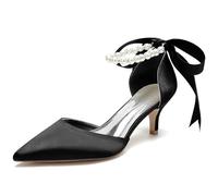 Closed Toe Pearl Kitten Heels Satin Wedding Shoes for Bride, Low Heels with Bow Bridal Heels for Women, Prom Evening Party Dress Shoes Pumps, Women's Sandals, Formal Heels,C,42