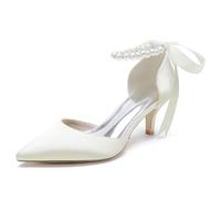 Closed Toe Pearl Kitten Heels Satin Wedding Shoes for Bride, Low Heels with Bow Bridal Heels for Women, Prom Evening Party Dress Shoes Pumps, Women's Sandals, Formal Heels,I,37