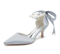 Closed Toe Pearl Kitten Heels Satin Wedding Shoes for Bride, Low Heels with Bow Bridal Heels for Women, Prom Evening Party Dress Shoes Pumps, Women's Sandals, Formal Heels,J,36