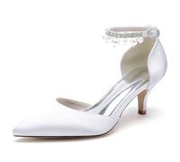 Closed Toe Pearl Kitten Heels Wedding Shoes for Bride, Low Heels Ankle Strap Bridal Shoes, Satin Shoes Pumps, Women's High Heels, Party Shoes,A,39
