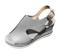 Closed Toe Sandals for Women Ladies Fashion Solid Color Sequin Open Toe Buckle Heel Sandals