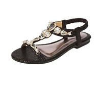 Closed Toe Sandals for Women Womans Flat Women Ethnic Shoes Beading Flat Shoes Gold Strappy Ladies Slip On Size 6 (Black, 8)