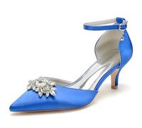 Closed Toe Satin Kitten Heels Wedding Shoes for Bride, Low Heels Ankle Strap Bridal Shoes, Rhinestones Shoes Pumps, Women's High Heels, Evening Party Dress Shoes,B,36