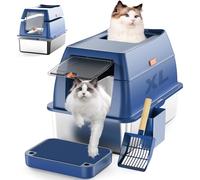 Closed XXL Stainless Steel Cat Litter Tray with Lid, Easy to Clean and Odour-Inhibiting, with High Rim, Two Entrances Front and Top, Two Modes, Includes Shovel, Pedals for Large Cats (Blue)