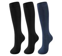 CLOSEMATE Womens Ladies Girls Soft Knee High Long Over Calf Smooth Socks Combed Cotton and Comfortable Elastic Cuff 3 Pairs(2Black1Navy Blue, Size S)