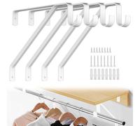 Closet Shelf & Rod Brackets Heavy Duty, 4-Pack Triangular Wall Mounted Shelf Brackets with Clothes Rail Pole Hook, 50kg Load, Space-Saving Storage Solution for Wardrobe, Garage, Laundry Room