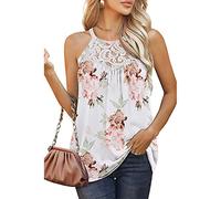 Closhion Women Vest Tops Sleeveless Pleated Tank Tops Ladies Summer Casual Lace Halter Neck Shirts Blouses White Flower XX-Large