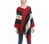 Closhion Women's Poncho Sweater Striped Knit Shawl Cape Fringed Wrap Red
