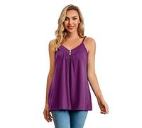 Closhion Womens Tops A Line Woman Sleeveless Summer Casual Camisole Pleated Tank Tops with Button Strappy Ladies Swing Vest Tops S UK 6-8 Purple