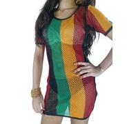 Clossy Ladies Rasta String Vest Mesh Fishnet Top | Short Sleeve See Through Reggae Style | 100% Cotton Knitted Bikini Cover Up Dress | Festival & Beachwear (S-M)