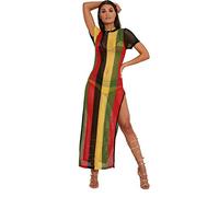 Clossy London 100% Cotton Ladies Rasta Jamaican Work Work String Mesh Fishnet Dress Slit See Through Multicoloured Black Red Green Yellow Hip Hop Dance Club Dress (Rasta, 4XL/5XL)