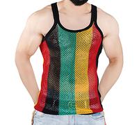 Clossy London Rasta Mesh Marina String Vest - Fitted Striped Sleeveless See-Through Tank Top in Reggae Colors, Lightweight Breathable Summer Beach Marina Festival Party Wear