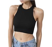 Clossy London Women Sleeveless Ribbed Racer Back Round Neck Sports Bra Crop Top for Girls Dance Athletics Sport Workout, Daily Wearing, Gym, Yoga, Casual Black