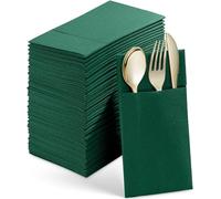Cloth Napkins 50PCS Disposable Linen-Feel Dinner Napkins with Built-in Flatware Pocket,Prefolded Cloth Like Paper for Wedding Party(Green)