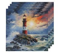 Cloth Napkins 50x50cm Satin Polyester Reusable Dinner Napkins for Weddings, Art Painting Nautical Lighthouse 4 Pcs