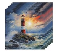 Cloth Napkins 50x50cm Satin Polyester Reusable Dinner Napkins for Weddings, Art Painting Nautical Lighthouse 6 Pcs