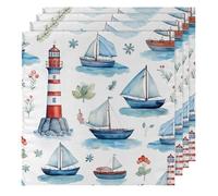 Cloth Napkins 50x50cm Satin Polyester Reusable Dinner Napkins for Weddings, Cute Lighthouse Sailboat Nautical 4 Pcs