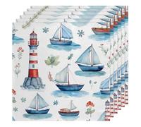 Cloth Napkins 50x50cm Satin Polyester Reusable Dinner Napkins for Weddings, Cute Lighthouse Sailboat Nautical 6 Pcs
