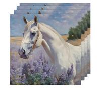 Cloth Napkins 50x50cm Satin Polyester Reusable Dinner Napkins for Weddings, Lavender Field Oil Painting White Horse 4 Pcs