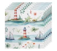 Cloth Napkins 50x50cm Satin Polyester Reusable Dinner Napkins for Weddings, Nautical Ocean Lighthouse Sailboat 6 Pcs