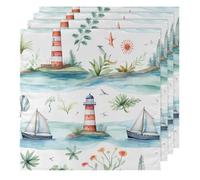 Cloth Napkins 50x50cm Satin Polyester Reusable Dinner Napkins for Weddings, Nautical Ocean Lighthouse Sailboat 4 Pcs