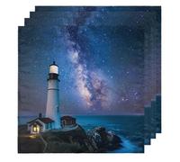 Cloth Napkins 50x50cm Satin Polyester Reusable Dinner Napkins for Weddings, Starry Sky Lighthouse 4 Pcs