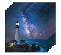Cloth Napkins 50x50cm Satin Polyester Reusable Dinner Napkins for Weddings, Starry Sky Lighthouse 6 Pcs