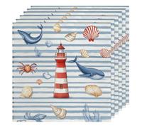 Cloth Napkins 50x50cm Satin Polyester Reusable Dinner Napkins for Weddings, Striped Lighthouse Whale Shellfish 6 Pcs