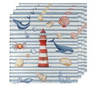 Cloth Napkins 50x50cm Satin Polyester Reusable Dinner Napkins for Weddings, Striped Lighthouse Whale Shellfish 4 Pcs