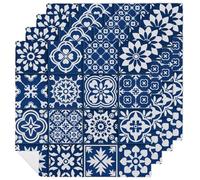 Cloth Napkins,Mediterranean Blue White Tile Set of 4 Dinner Napkins Square Table Napkins for Weddings Christmas Holiday Party