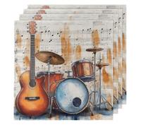 Cloth Napkins Set of 4, 20x20 Inches, Guitar Drum Musical Notes Musical Instrument Reusable Soft Fabric Napkins for Kitchen Party Wedding Restaurant Indoor Outdoor